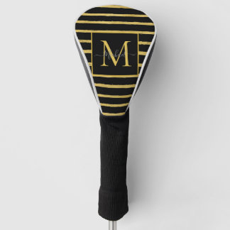 Modern Black and Gold Striped Monogram Name Golf Head Cover