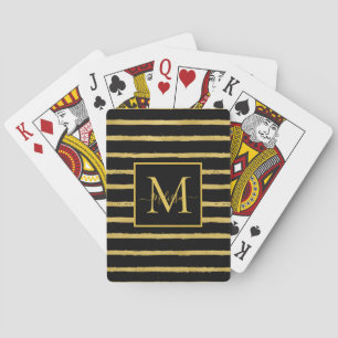 Modern Black and Gold Striped Monogram Name Playing Cards