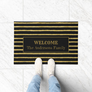 Modern Black and Gold Striped Welcome Family Name  Doormat