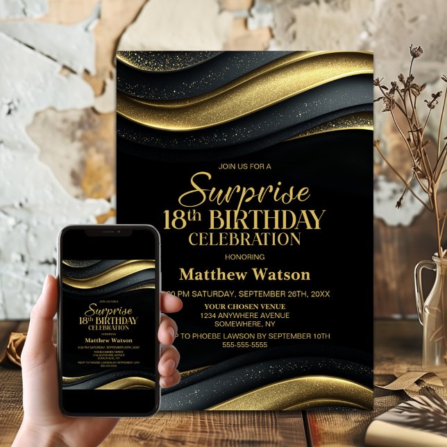 Modern Black and Gold Surprise 18th Birthday Party Invitation (Creator Uploaded)
