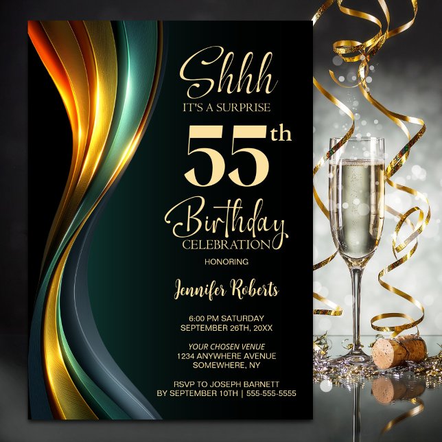Modern Black and Gold Surprise 55th Birthday Party Invitation (Creator Uploaded)