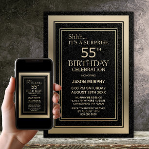 Modern Black and Gold Surprise 55th Birthday Party Invitation