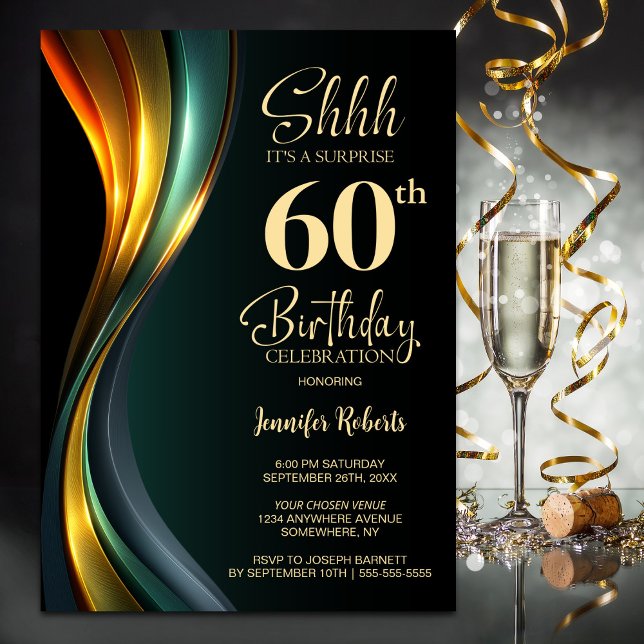 Modern Black and Gold Surprise 60th Birthday Party Invitation (Creator Uploaded)