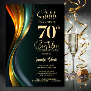 Modern Black and Gold Surprise 70th Birthday Party Invitation