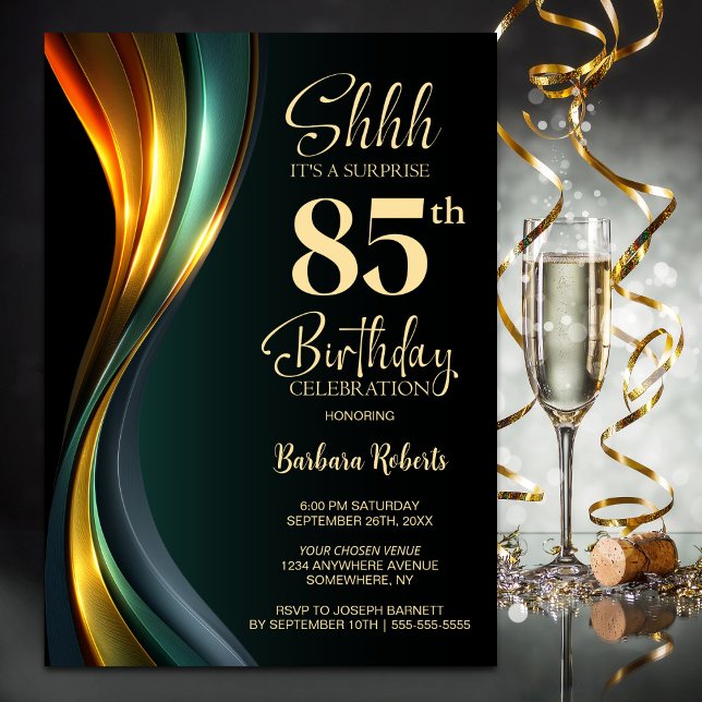 Modern Black and Gold Surprise 85th Birthday Party Invitation (Creator Uploaded)