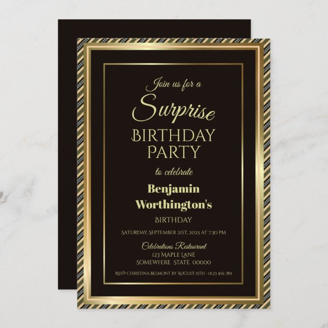 Modern Black and Gold Surprise Birthday Party Invitation (Front/Back)