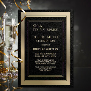 Modern Black and Gold Surprise Retirement Party Invitation