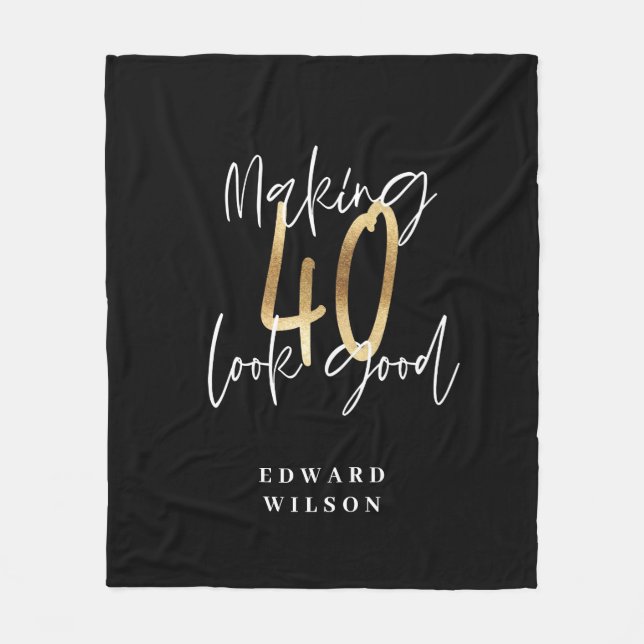 Modern black and gold typography 40th birthday fleece blanket (Front)