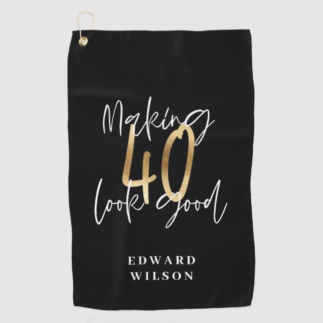 Modern black and gold typography 40th birthday golf towel (Front)