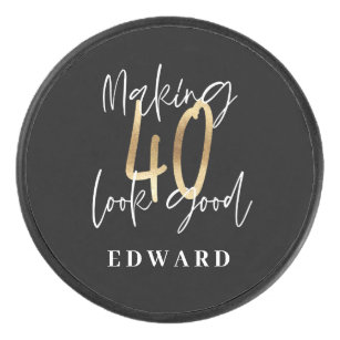 Modern black and gold typography 40th birthday hockey puck