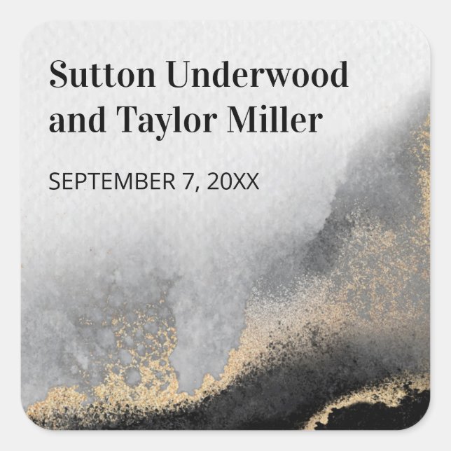 Modern Black and Gold Watercolor Square Sticker (Front)