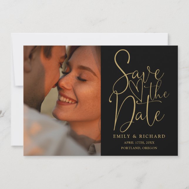 Modern Black And Gold Wedding 2 Photo QR Code  Save The Date (Front)