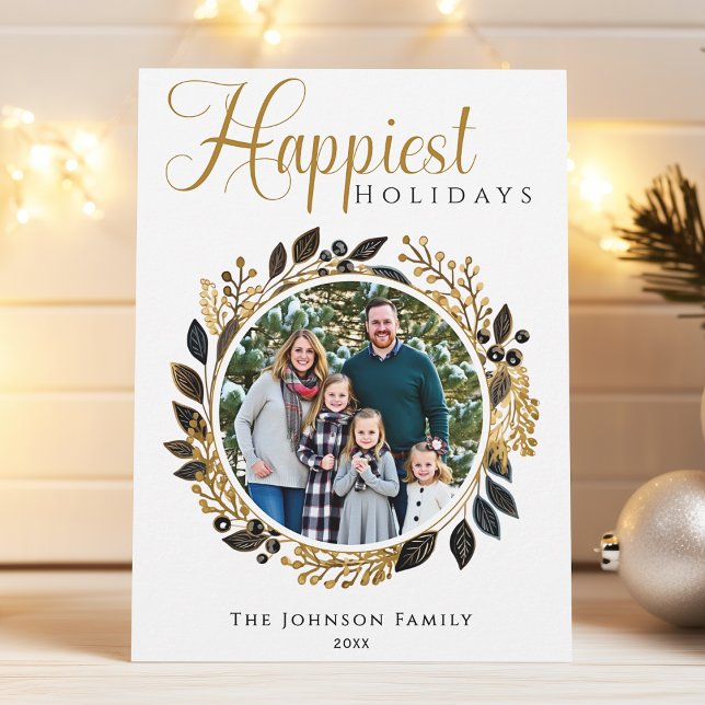 Modern Black and Gold Wreath Christmas Photo Holiday Card (Creator Uploaded)