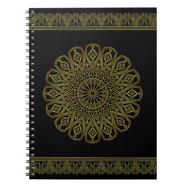 Modern Black and Golden Arabesque Design Notebook (Front)