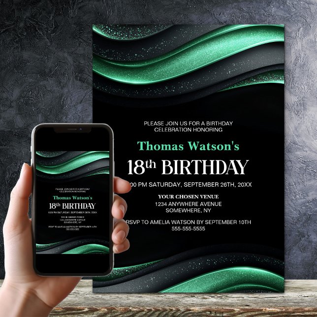 Modern Black and Green 18th Birthday Party Invitation (Creator Uploaded)