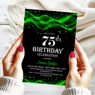 Modern Black and Green 75th Birthday Party Invitation