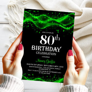 Modern Black and Green 80th Birthday Party Invitation