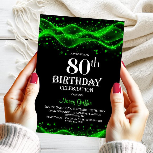 Modern Black and Green 80th Birthday Party Invitation (Creator Uploaded)