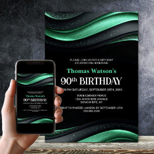 Modern Black and Green 90th Birthday Party Invitation