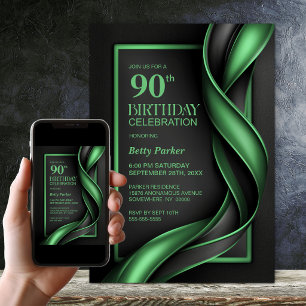 Modern Black and Green 90th Birthday Party Invitation