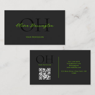 Modern Black and Green Script QR Code Monogram Business Card