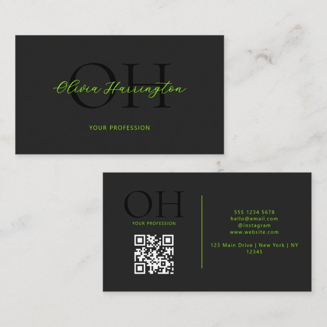 Modern Black and Green Script QR Code Monogram Business Card (Front/Back)
