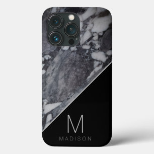 Modern Black and Grey Marble Stone Monogram Name iPhone 13 Pro Case