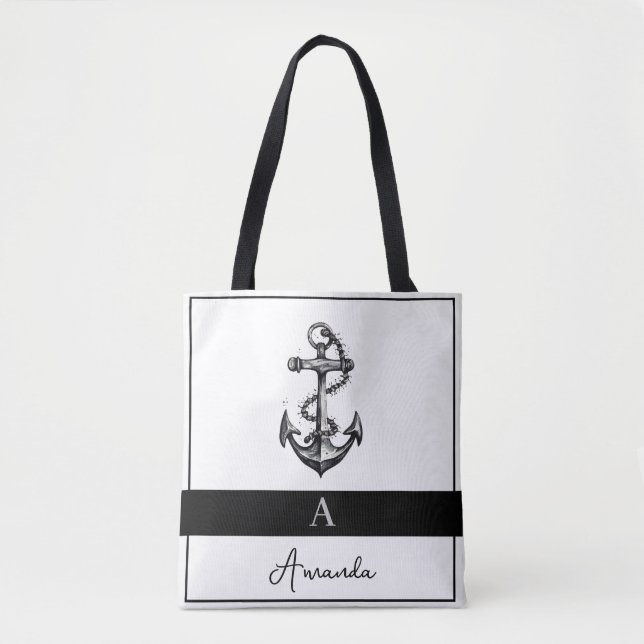 Modern Black and Grey Nautical Anchor Monogramed Tote Bag (Front)