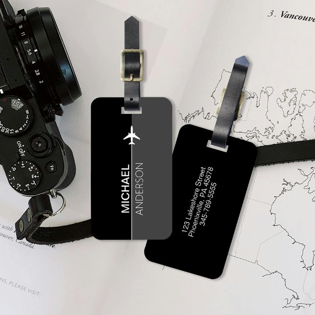 Modern Black and Grey Pilot Travel Luggage Tag (Travel in style with our custom luggage tag, featuring your name and address for easy ID on trips!)