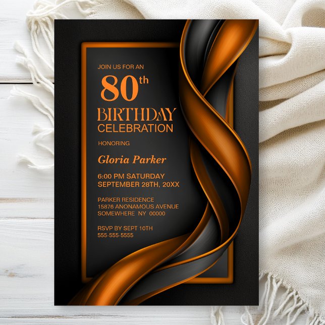 Modern Black and Orange 80th Birthday Party Invitation (Creator Uploaded)