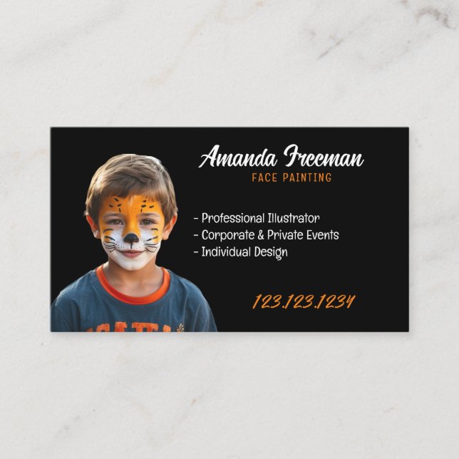 Modern Black and Orange Clown Face Painting Business Card (Front)