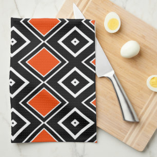 Modern Black and Orange Diamond Pattern Tea Towel