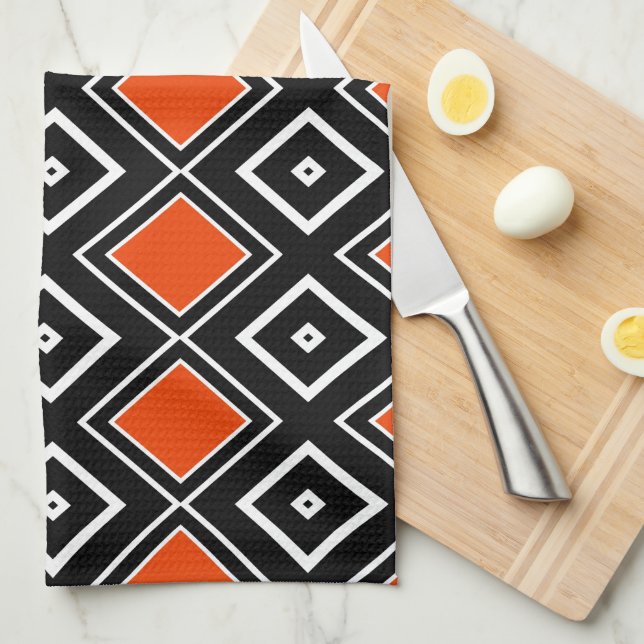 Modern Black and Orange Diamond Pattern Tea Towel (Quarter Fold)