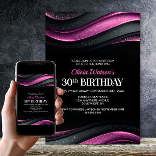 Modern Black and Pink 30th Birthday Party Invitation