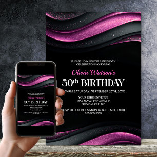 Modern Black and Pink 50th Birthday Party Invitation
