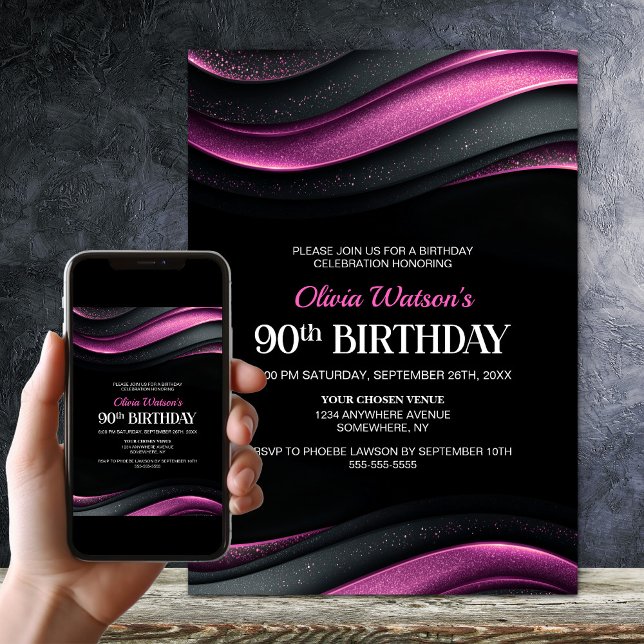 Modern Black and Pink 90th Birthday Party Invitation (Creator Uploaded)