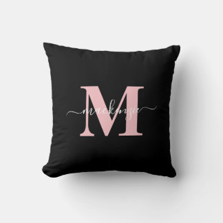 Modern Black and Pink Elegant Monogram Name Cushion