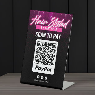 Modern Black and Pink Hair Stylist PayPal Payment Pedestal Sign