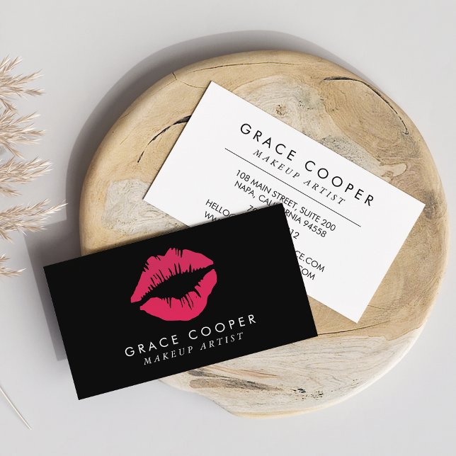 Modern Black and Pink Lips Makeup Artist Business Card (Creator Uploaded)
