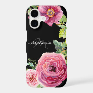 Modern Black and Pink Peony Rose Floral Watercolor