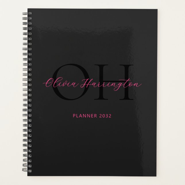 Modern Black and Pink Script Classic Monogram Planner (Front)