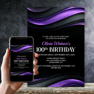 Modern Black and Purple 100th Birthday Party Invitation