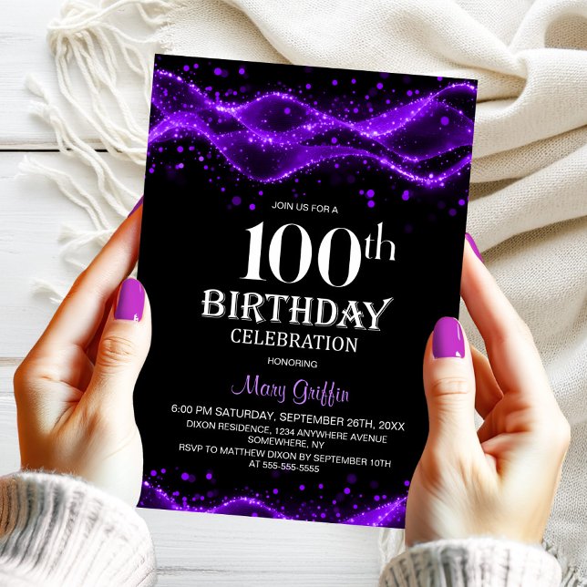 Modern Black and Purple 100th Birthday Party Invitation (Creator Uploaded)