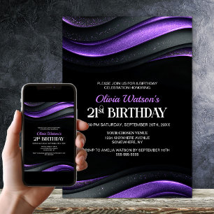 Modern Black and Purple 21st Birthday Party Invitation