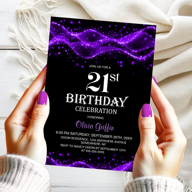 Modern Black and Purple 21st Birthday Party Invitation (Creator Uploaded)
