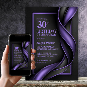 Modern Black and Purple 30th Birthday Party Invitation