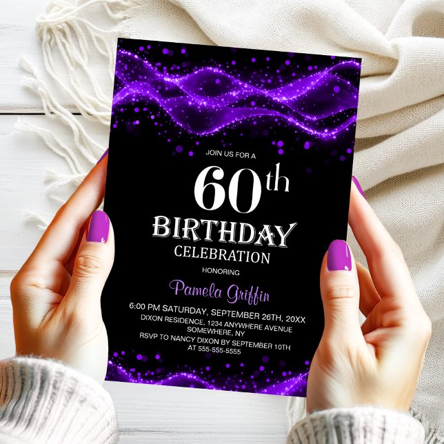Modern Black and Purple 60th Birthday Party Invitation (Creator Uploaded)