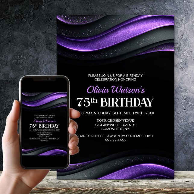 Modern Black and Purple 75th Birthday Party Invitation (Creator Uploaded)