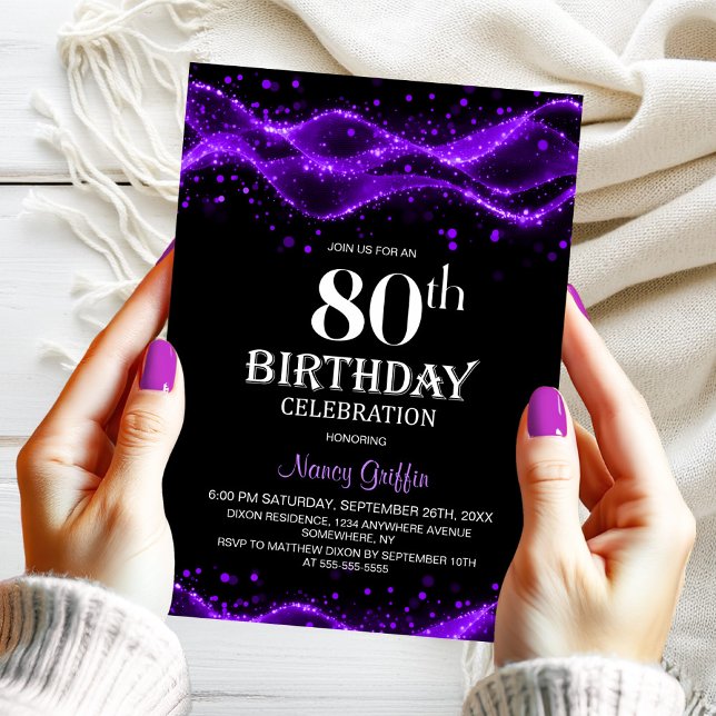 Modern Black and Purple 80th Birthday Party Invitation (Creator Uploaded)