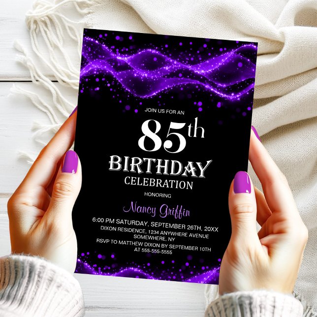 Modern Black and Purple 85th Birthday Party Invitation (Creator Uploaded)